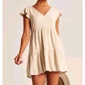 Abercrombie & Fitch Beige V Neck Tiered Ruffle Sleeve Trapeze Mini Linen Medium